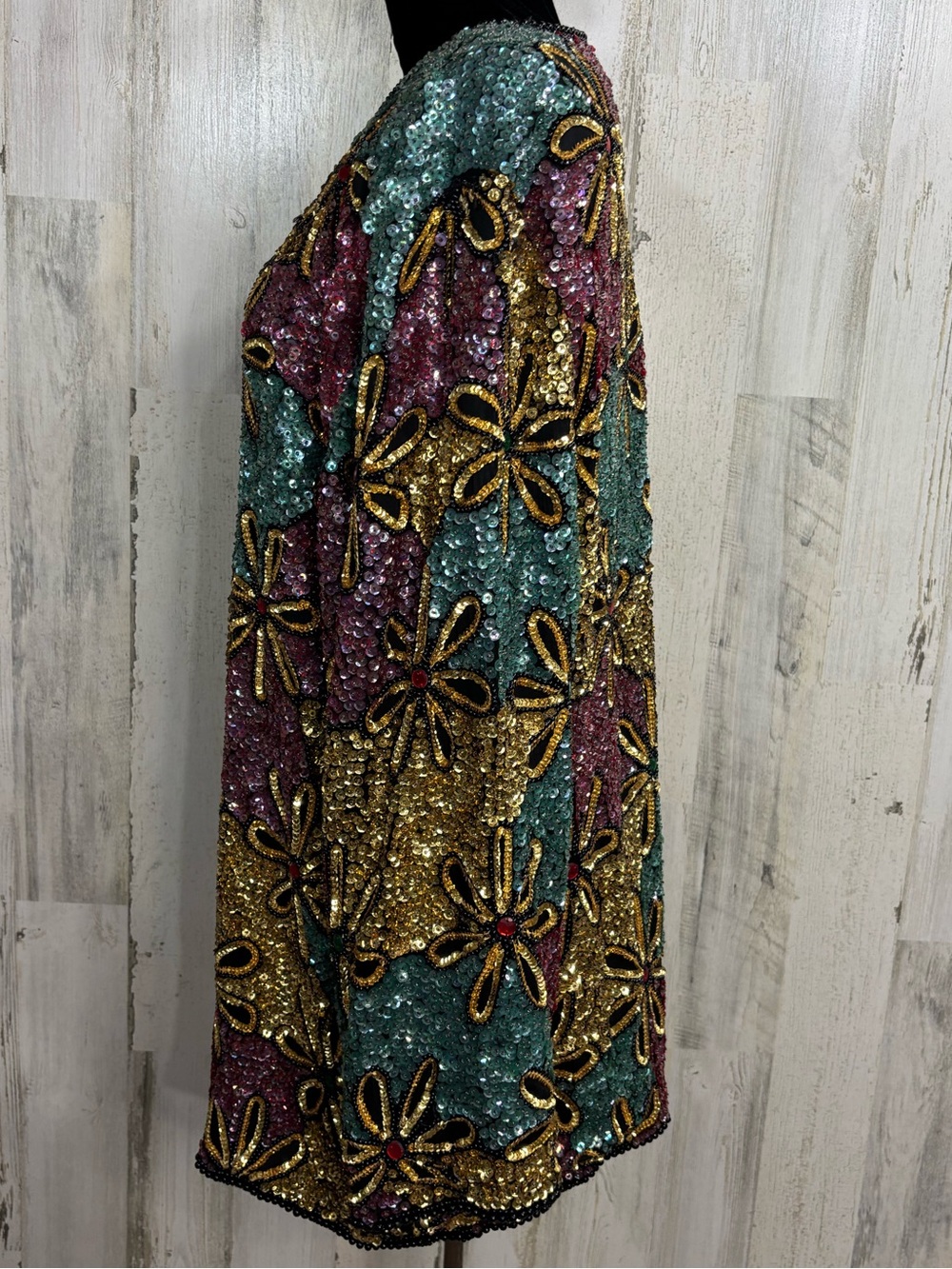 Royal Feelings Vintage 80’s Multicolor Sequin Floral Silk Open-Front Jacket - Picture 4 of 8